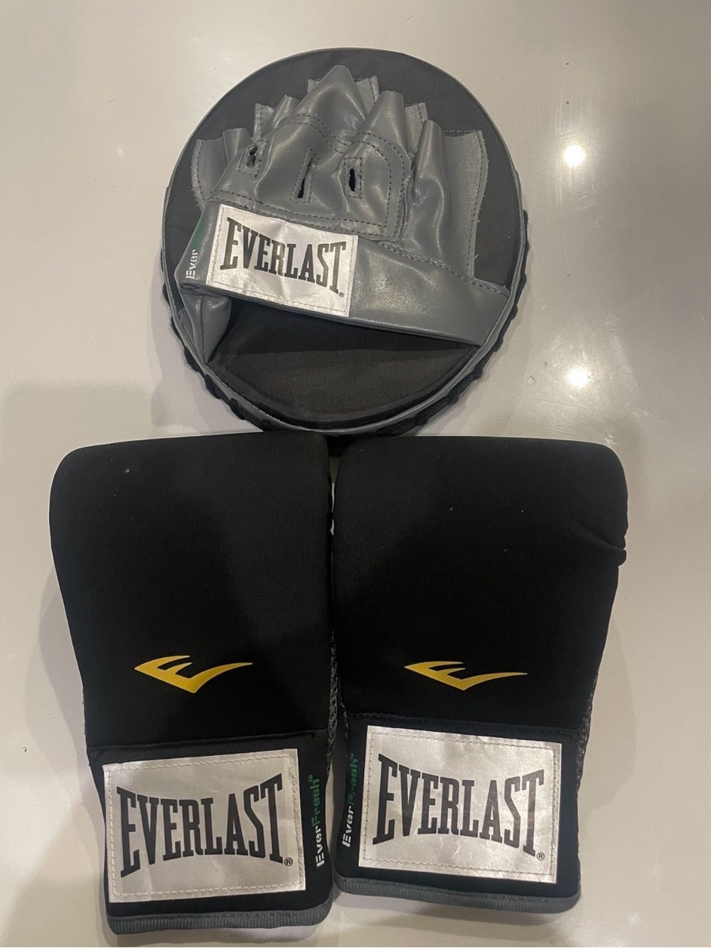 Everlast Black and Gray Boxing Mitts with Yellow Logos